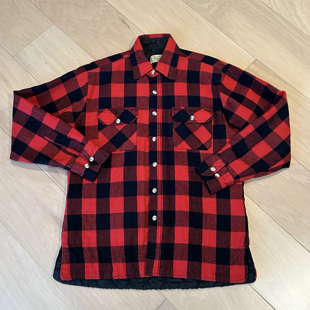Vintage Sears Quilted Lined Flannel Shirt Buffalo Plaid Men’s Medium